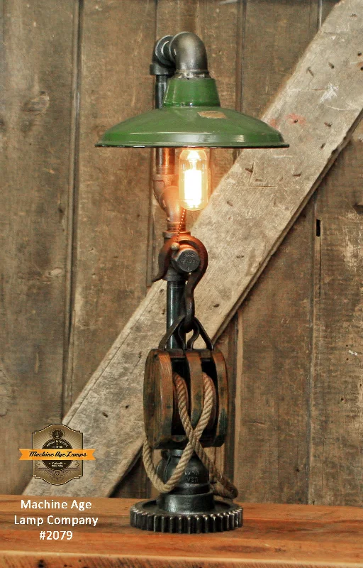 Industrial Lighting for Metal Fabrication ShopsSteampunk Industrial Machine Age Lamps / Barm Pulley / Green Shade / Gear / Lamp #2079