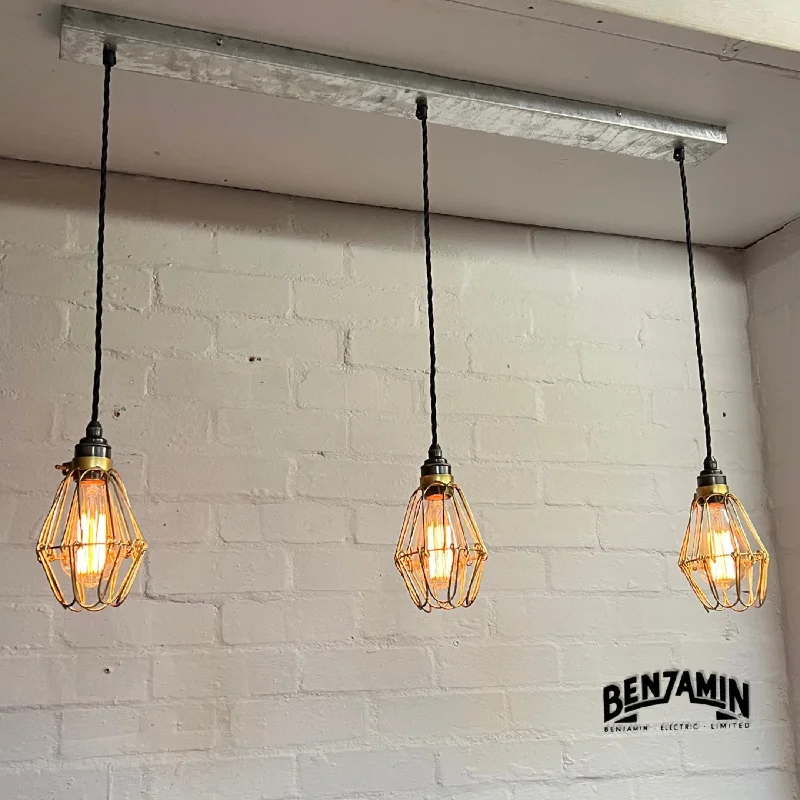 Industrial Lighting for Chemical PlantsHemsby ~ 3 x Brass Small Cage Pendant Set Track Cluster Light | Dining Room | Kitchen Table