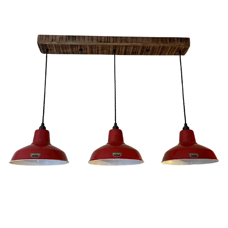 Industrial Lighting for Woodworking FactoriesFilby ~ 3 x Red Lampshade Pendant Set Wooden Track Light | Dining Room | Kitchen Table