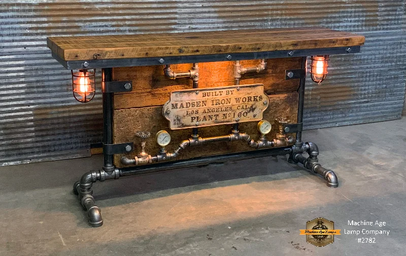 Industrial Wall - Mounted Lighting for Workshop WallsAntique Steampunk Industrial Boiler Door Table Stand / Iron Works Los Angeles Ca  / Reclaimed BarnWood Top - #2782 sold