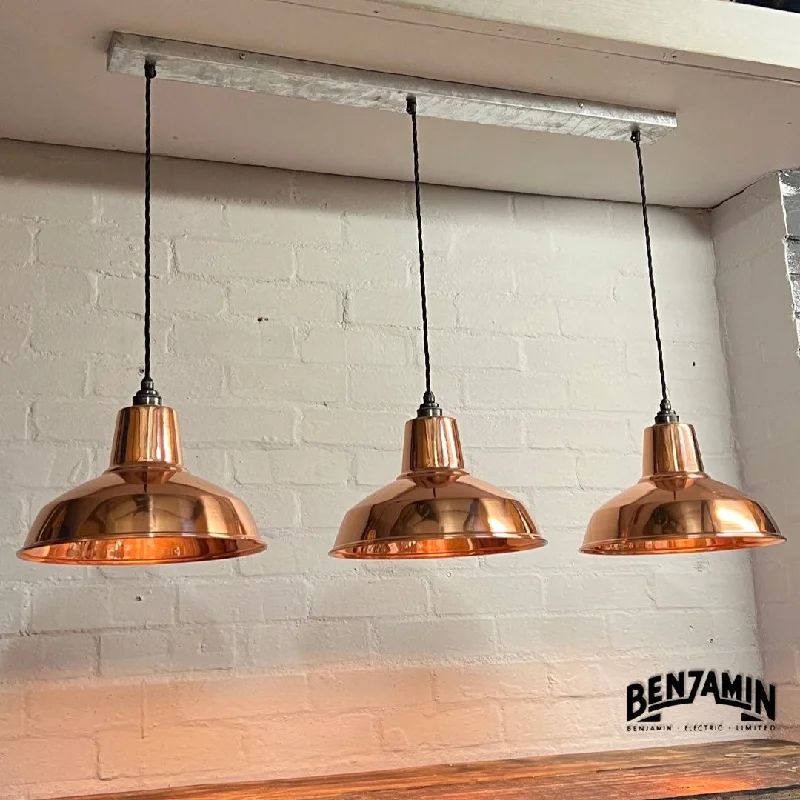 Industrial Lighting for Textile MillsFilby ~ 3 x *worn* Solid Copper Shade RLM 1921 Design Pendant Set Galvanised Track Light | Dining Room | Kitchen Table | Vintage