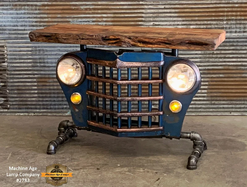 Industrial Pendant Lighting for Machine ShopsSteampunk Industrial / Automotive / Original vintage 50's Jeep Willys Grille / Table Sofa Hallway / Blue  / Table #2750