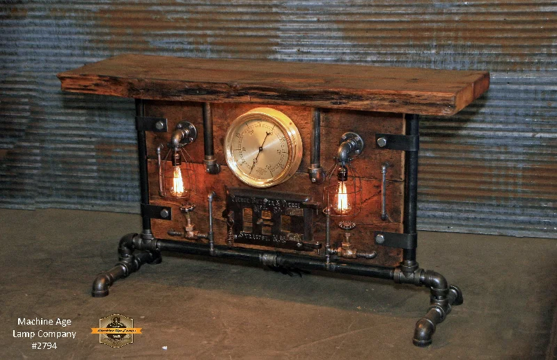 Industrial Lighting for Electronics ManufacturingAntique Steampunk Industrial Boiler Door Table Stand / Steam Gauge   / Reclaimed BarnWood Top - #2794