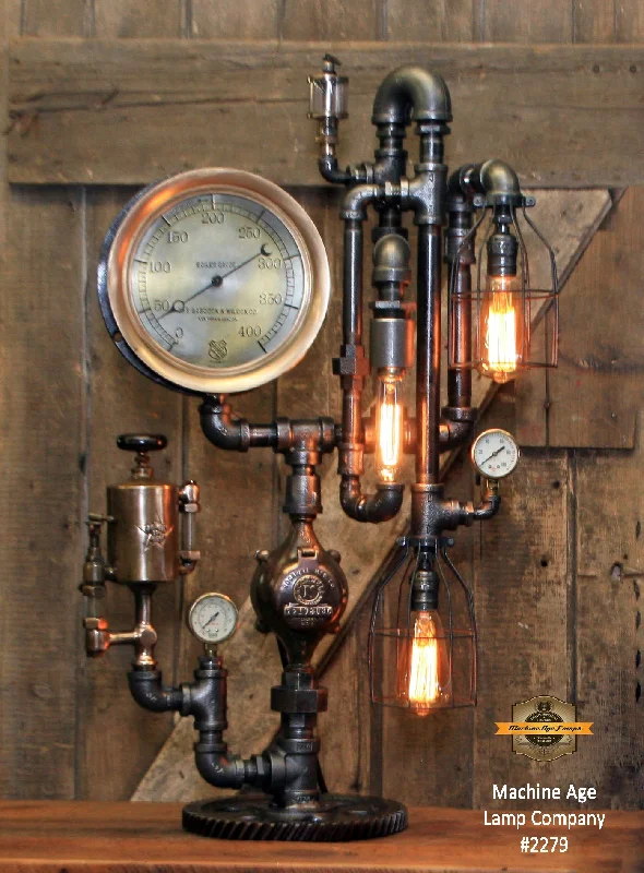 Industrial Flood Lighting for Outdoor Loading DocksSteampunk Industrial Machine Age Lamp / Steam Gauge / Oiler / Gear / New York / Lamp #2279