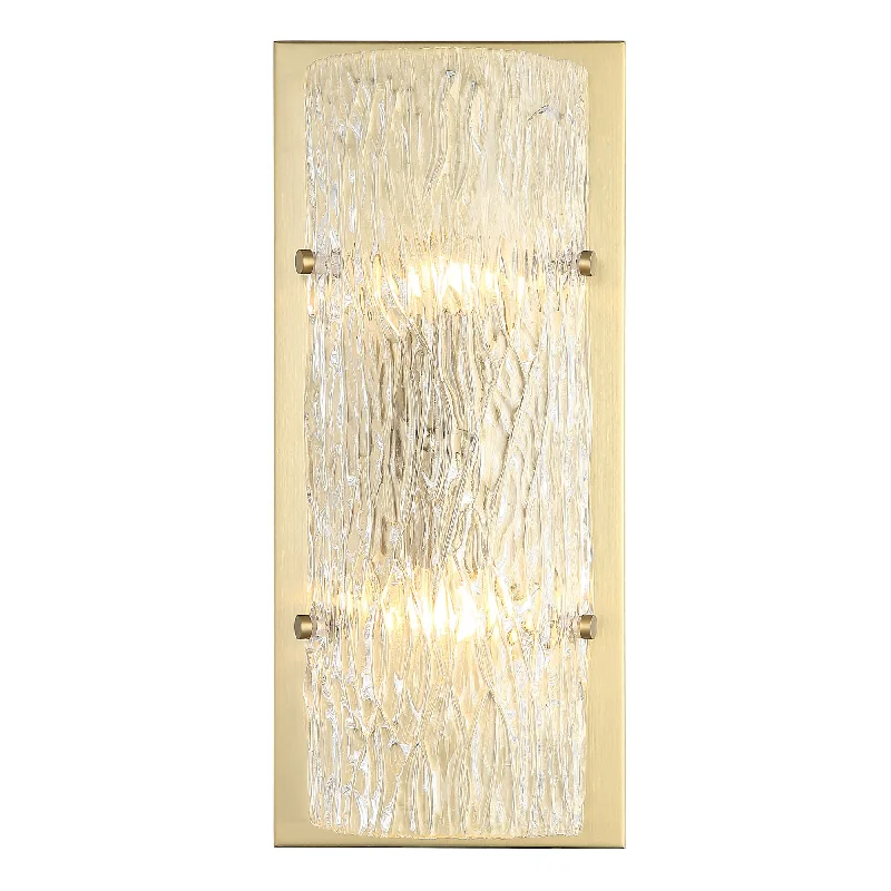 art deco wall lamps with geometric patterns for a retro - inspired bathroomMorgan 376W02SB 2-Light Wall Sconce - Satin Brass