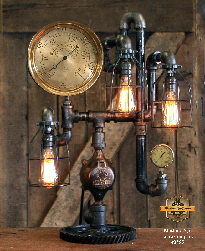 Adjustable Industrial Lighting for Flexible IlluminationSteampunk Industrial / 8" Steam Gauge / Gear / Made to order / Gear Base / Lamp #2496