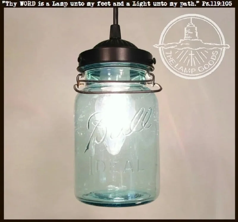 Retro Edison filament light bulbsVintage BLUE Mason Jar PENDANT Light