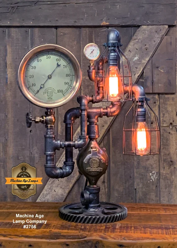 Waterproof Industrial Lighting for Wet AreasSteampunk Industrial / Machine Age Lamp / Antique Steam Gauge   / Lamp #2756