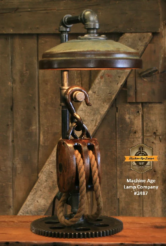 Industrial Lighting for Electronics ManufacturingSteampunk Industrial / Antique Wood Block and Tackle Pulley  / Antique Chicken Feeder Shade / Gear / Lamp #2487 sold