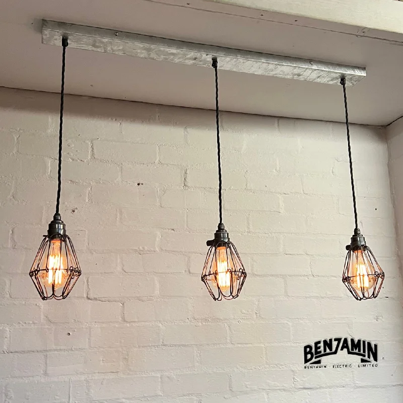 Industrial Area Lighting for Large Open SpacesHemsby ~ 3 x Pewter Small Cage Pendant Set Track Cluster Light | Dining Room | Kitchen Table | Vintage