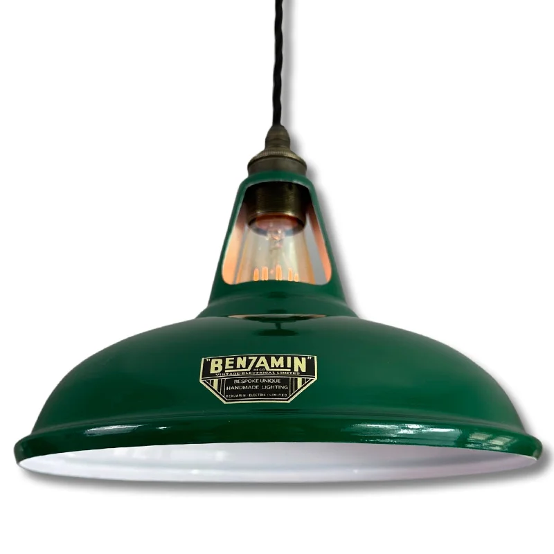 Industrial Lighting for Food Processing FactoriesCawston ~ *Worn* Racing Green Solid Shade Slotted Design Pendant Set Light ~ 11 Inch