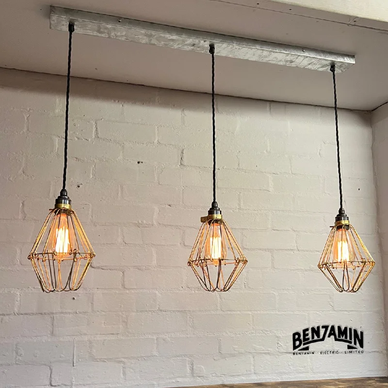 Industrial Exit Sign Lighting for Quick EvacuationHemsby ~ 3 x Brass Cage Pendant Set Track Cluster Light | Dining Room | Kitchen Table | Vintage