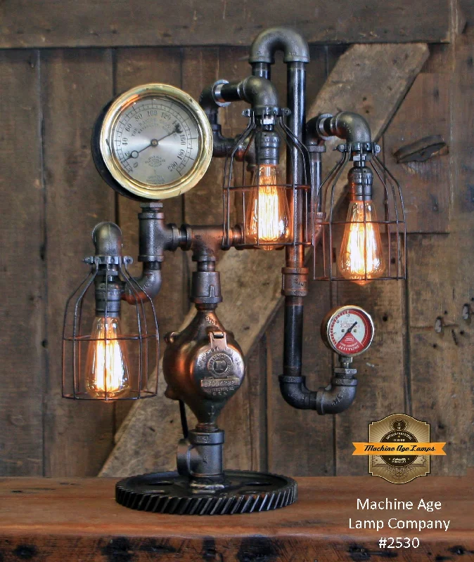 Industrial Ceiling - Mounted Lighting for Assembly PlantsSteampunk Industrial / Antique Steam Gauge  / Gear Base / Lamp #2530