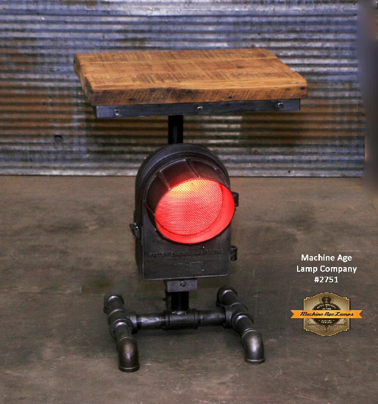 Industrial Ceiling - Mounted Lighting for Assembly PlantsAntique Steampunk Industrial Railroad Train Crossing Light / Table Stand, Reclaimed Wood Top - #2719 sold