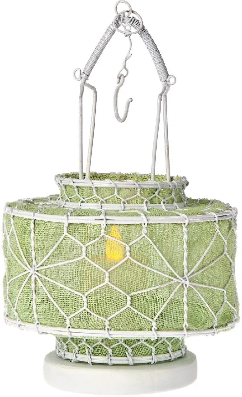 40 watt equivalent Edison light bulbsAvocado Green Hanging Wire and Linen Candle Lantern