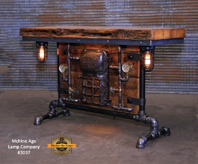 Dimmable Industrial Lighting for Ambiance ControlSteampunk Industrial Table / Antique Barn Wood / Furnace Door / Hallway Sofa Table #3037