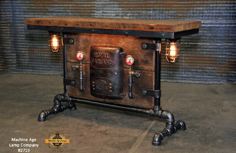 Low - Bay Industrial Lighting Fixtures for Small FactoriesAntique Steampunk Industrial Boiler Door Table Stand, Reclaimed Wood Top - #2719