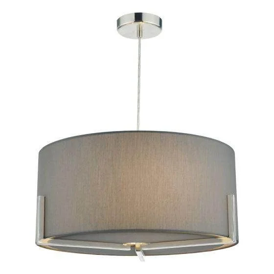 Track lighting with a brushed nickel finishSantino Pendant Satin Chrome C/W Grey Cotton Shade