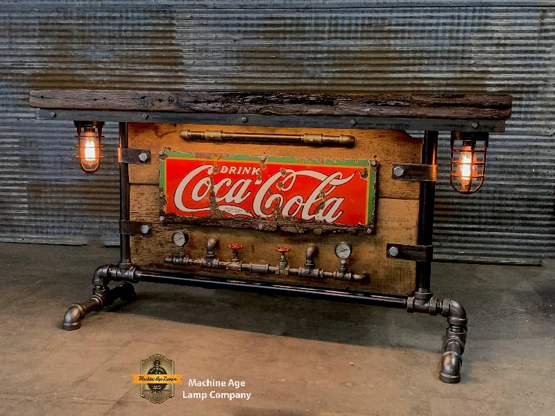 Dust - Resistant Industrial Lighting for Dirty WorkspacesSteampunk Industrial / Antique 1920's Coke Sign / Steam Gauge / Barn Wood / table #2676