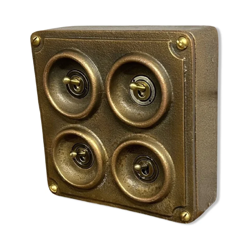 Industrial Lighting for Printing Press Facilities4 Gang 2 Way Solid Antique Brass Bronze Metal Surface Mounted Conduit Light Switch Industrial - BS EN Approved Vintage Crabtree 1950’s Style