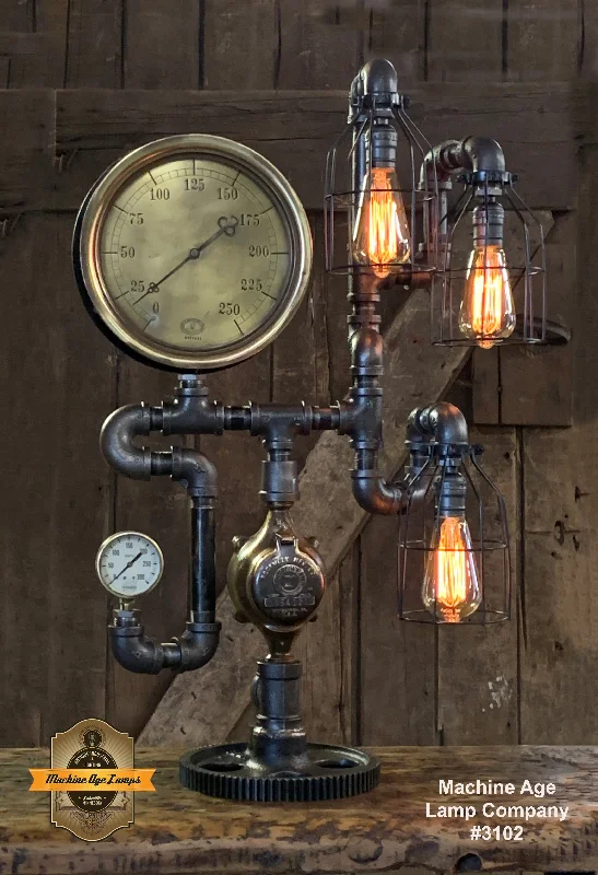 Industrial Flood Lighting for Outdoor Loading DocksSteampunk Industrial / Machine Age Lamp / Antique Steam Gauge  / Lamp #3102