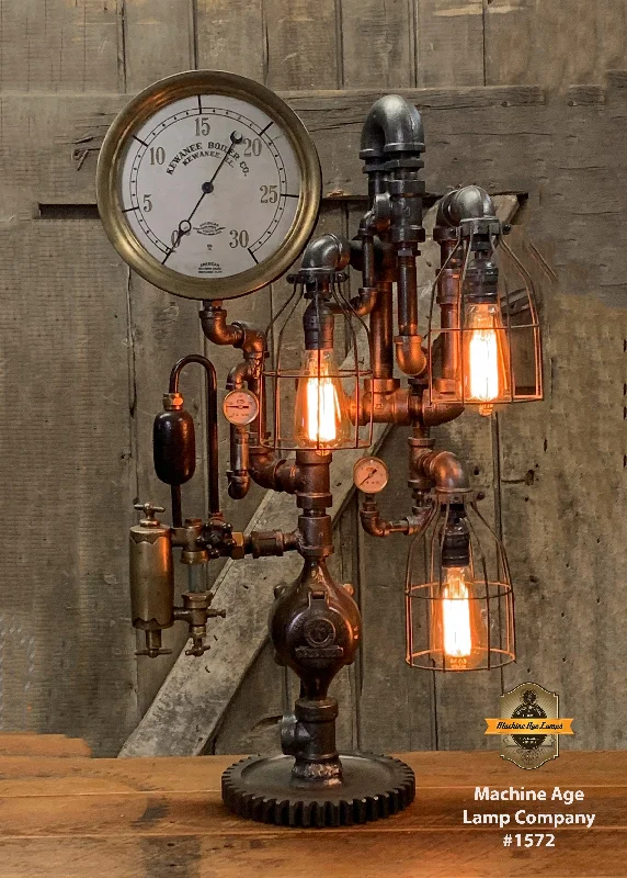 Industrial Lighting for Electronics ManufacturingSteampunk Industrial / Antique Steam Gauge and Oiler / Kewanee IL /  Gear / Lamp #1572