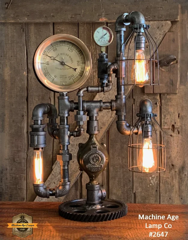 Industrial Lighting for Chemical PlantsSteampunk Industrial / Machine Age Lamp / Antique Steam Gauge  / Worchester MA / Lamp #2647