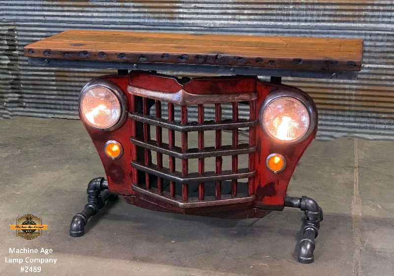 Industrial Lighting for Furniture Factories1950's Jeep willys Grille table barnwood top - Table #5000