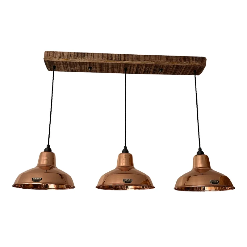 Industrial Flood Lighting for Outdoor Loading DocksFilby ~ 3 x Solid Copper Lampshade Pendant Set Wooden Track Tabke Light