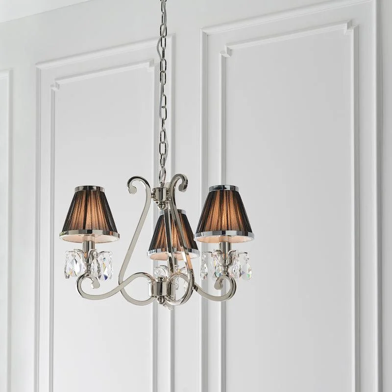 Incandescent Chandeliers for a Warm and Traditional GlowOksana Polished Nickel 3 Light Chandelier - Black Shades