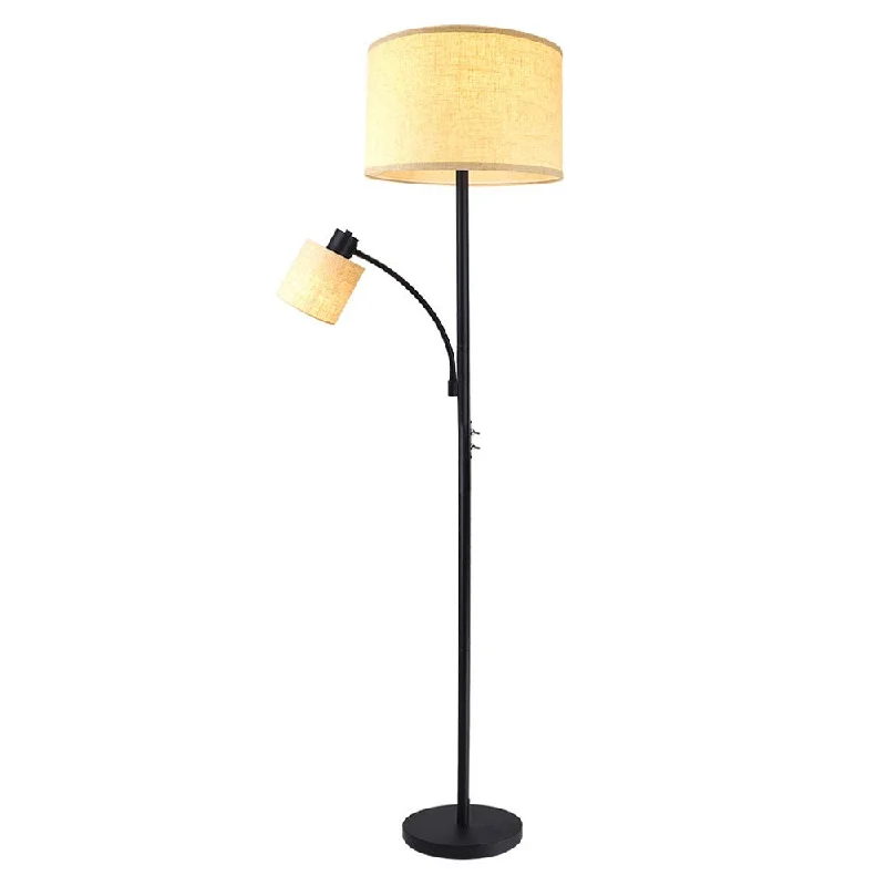 Bohemian Inspired Floor Lamp for Eclectic Home DecorDLLT Rustic Living Room Modern Tall Pole Floor Lamp, 2-Head "Mother and Child" Floor Lamp Adjustable Reading Light for Contemporary Mid-Century Bedroom, Study Room, Fabric Drum Shade, 3000k Warm White, Eye-Care (Bulb Included)