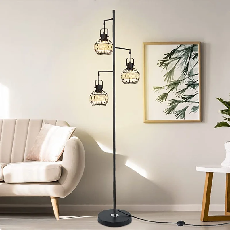 Fabric Floor Lamp with a Linen Shade for a Relaxed AestheticDLLT 3-Light Industrial Floor Lamp with Retro Pipe Rattan Lamp Shade, Black Tree Antique Hanging Floor Lamp, Tall Vintage Pole Light Standing Lamp for Living Room, Bedroom, Office (Bulbs Included)