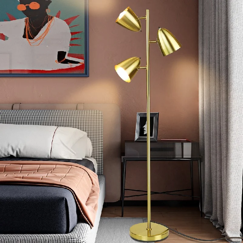 USB Charging Port Floor Lamp for Convenient Device ChargingDLLT Modern Standing Lamp for Living Room, Bedroom, Bright Torchiere Metal 3-Light Tall Tree Floor Lamp, Adjustable LED Reading Floor Light, Pole Stand Light for Office,Study Room, Gold (3 x 9W LED Bulbs Included)