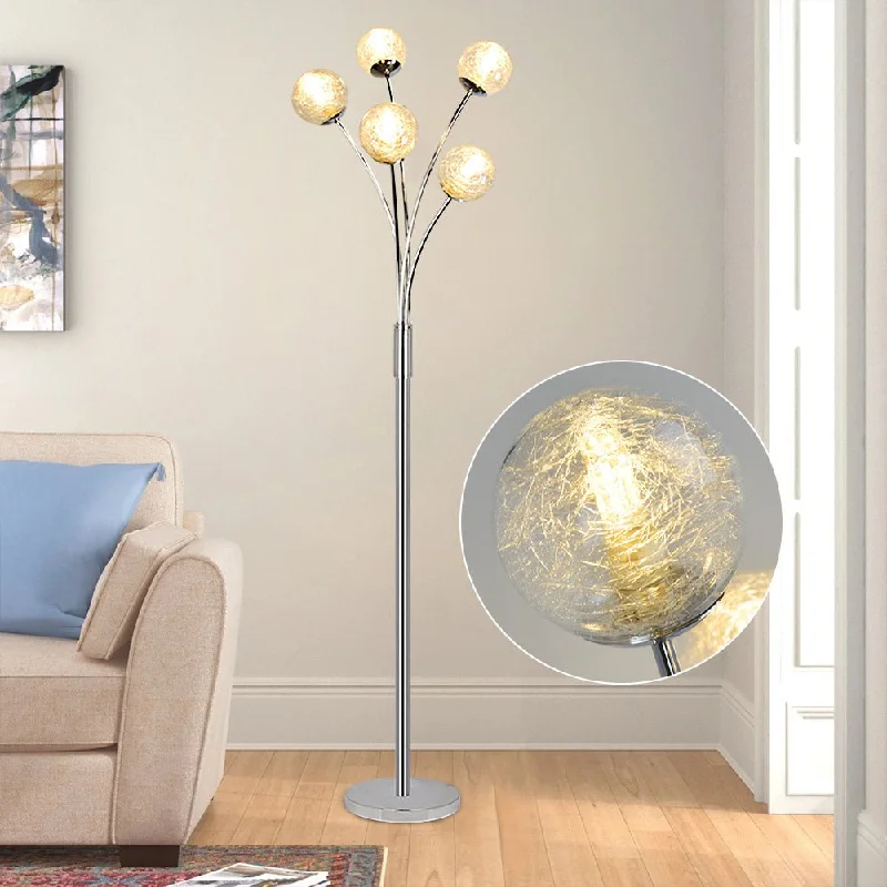 Bohemian Inspired Floor Lamp for Eclectic Home DecorDepuley Modern Globe LED Floor Lamps for Living Room-DLLT Standing Lamps with 5 Lights for Bedroom, Tall Pole Tree Accent Lighting for Mid Century, Contemporary Home, Glass Shade Silver