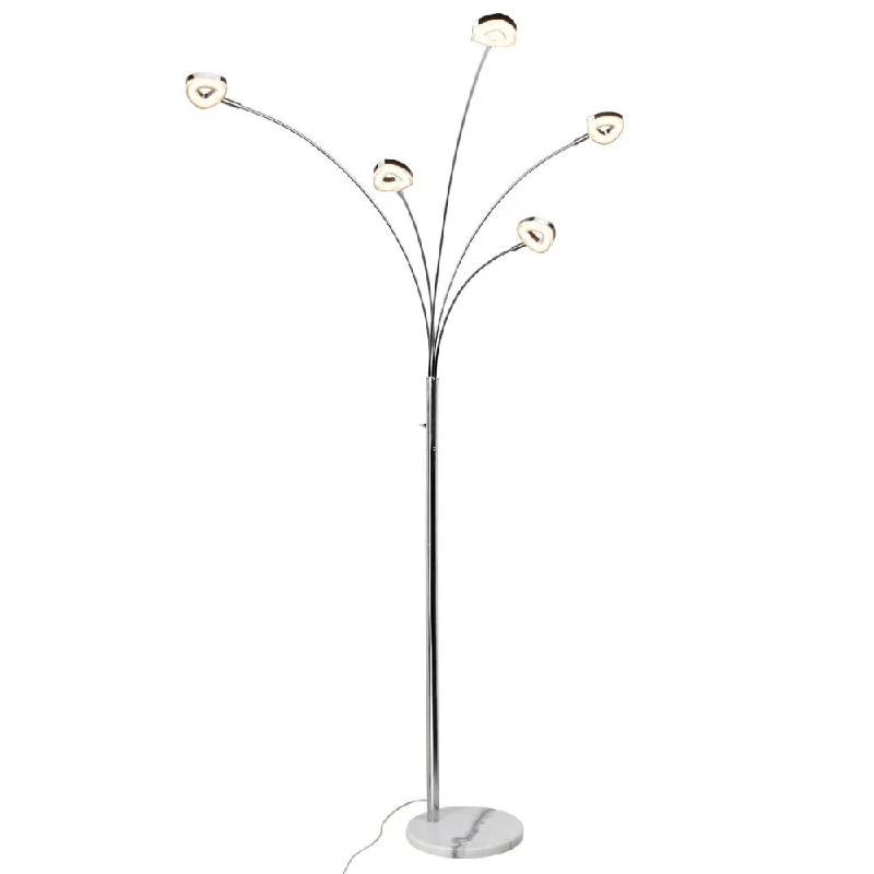 Glass Floor Lamp with Frosted Shades for Soft Diffused LightDLLT 5 Head Arc Floor Lamps for Living Room, Spider Lamps with 5 Adjustable Arms, Modern Tree Standing Lamp for Bedroom, Office, 3 Brightness Level, Warm White, Sliver