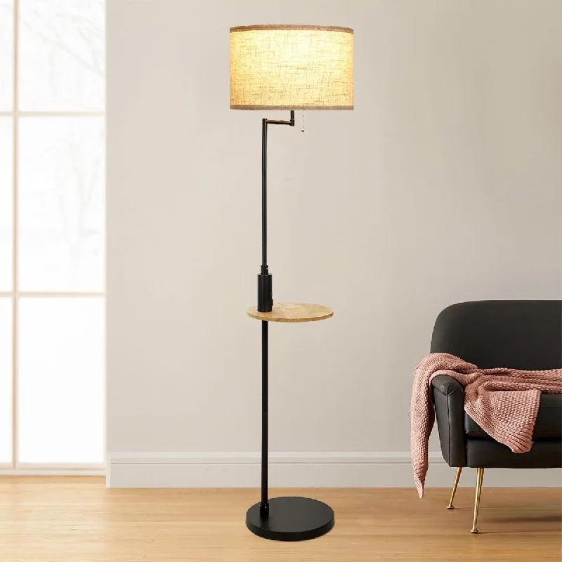 Rustic Farmhouse Style Floor Lamp for Cozy BedroomsDLLT Living Room LED Floor Lamp- Standing Accent Light with USB Charging Port, Energy Saving, Tall Pole Lighting with Beside Table, Mid Century Contemporary Rooms Lamps, Warm Lights,Fabric Shade