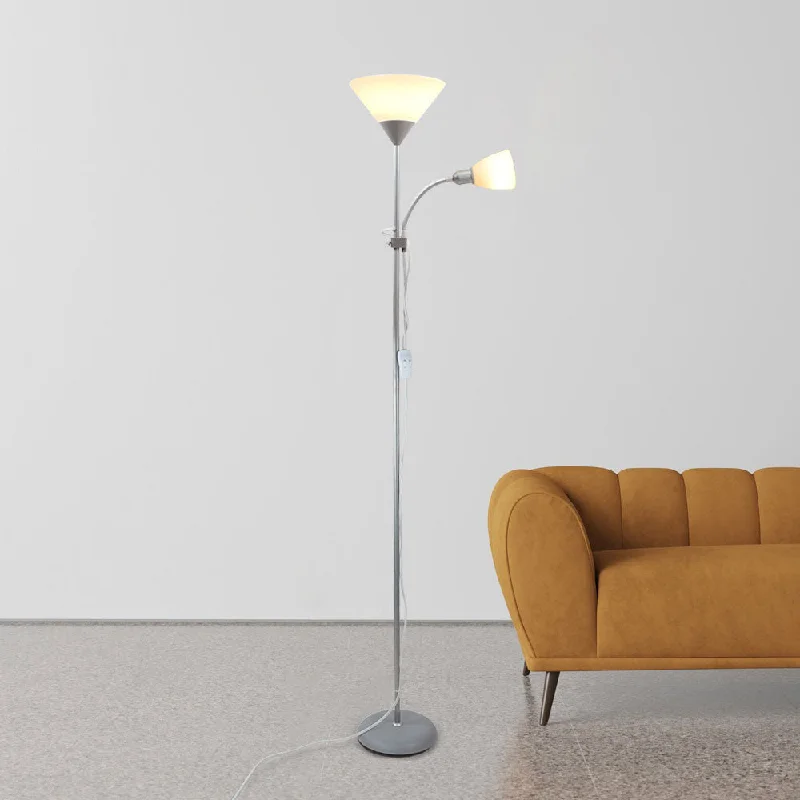 Industrial Style Floor Lamp with Exposed Bulbs for Loft ApartmentsDLLT LED Floor Lamp with Reading Lights, Modern Standing Pole Light, Torchiere and Gooseneck Free Standing Lamp for Living Room, Bedroom, Office (Silver)