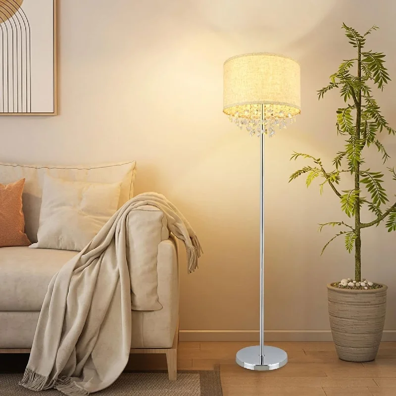 Dimmable Floor Lamp for Adjustable Lighting AmbianceDLLT Crystal Floor Lamp for Living Room Modern Standing Lamp for Bedroom, Chrome Finish, 64” Tall Pole LED Floor Lamp, 9W LED Bulb Included, Fabric Shade, Silver